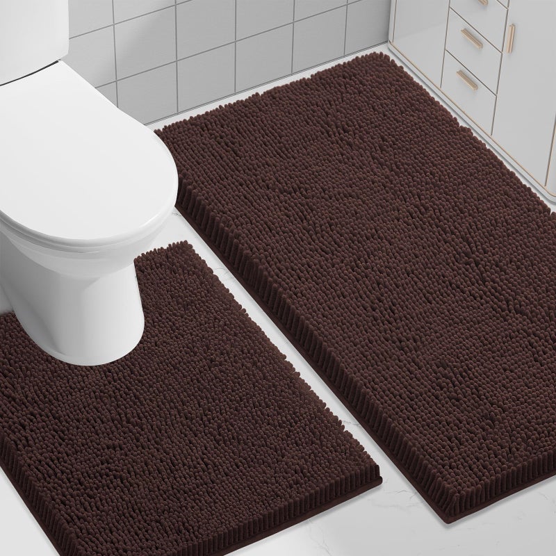 Smiry Bathroom Rugs Set 2 Piece, Soft Absorbent Chenille Bath Mat and U-Shaped Toilet Rug Set, Non Slip Shaggy Bath Carpet for Tub, Shower and Floor (30x20+24x20, Brown) - Image 1
